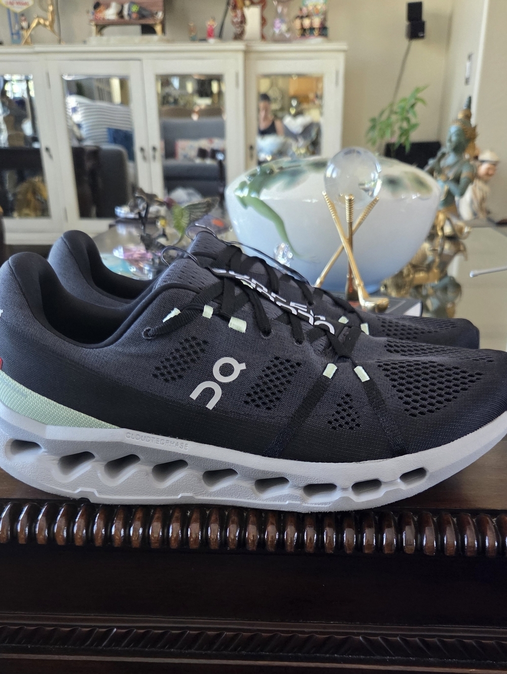 On Men's Cloudsurfer Running Shoes — Black with Light Green Accents